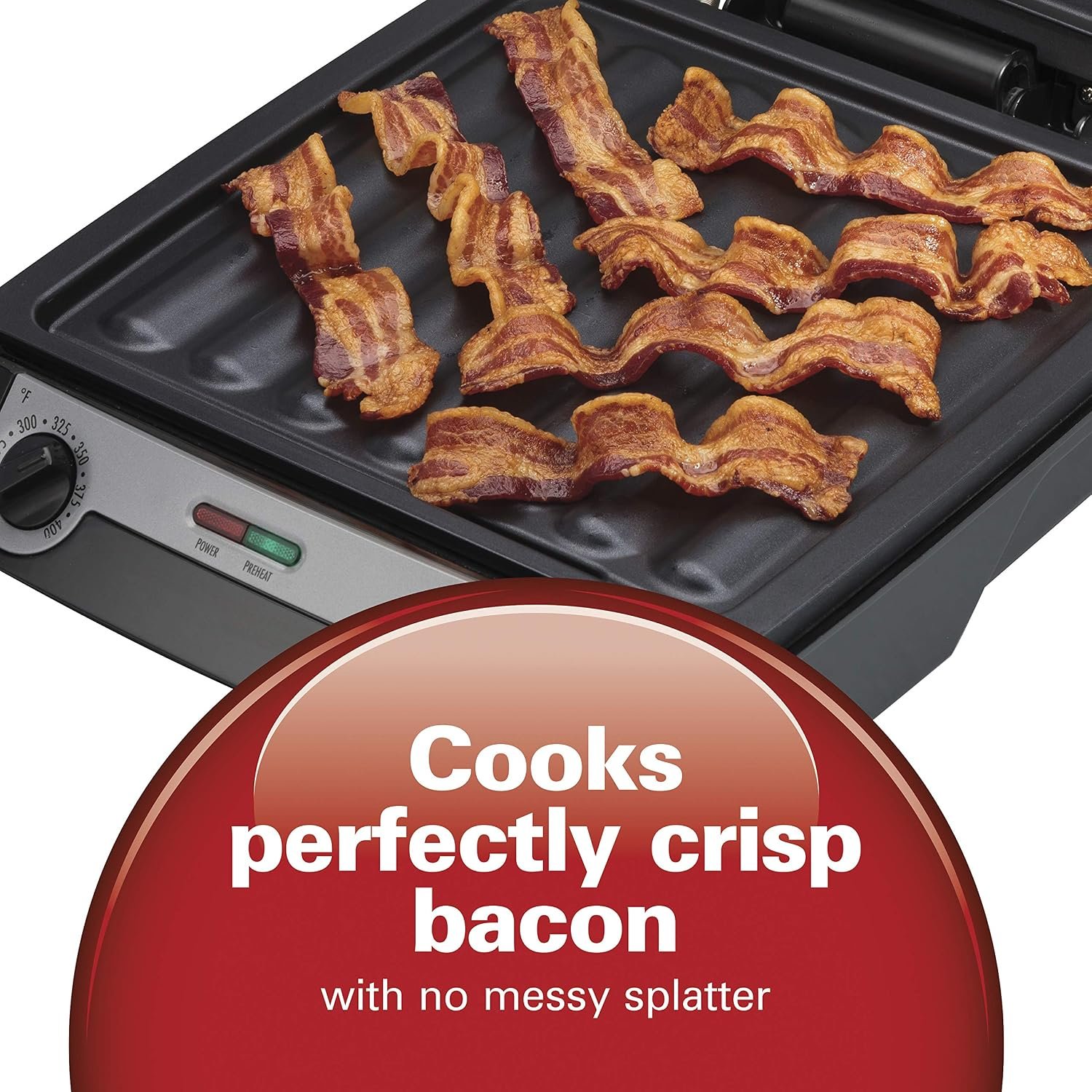 Hamilton Beach electric grill and griddle cooking strips of crisp bacon