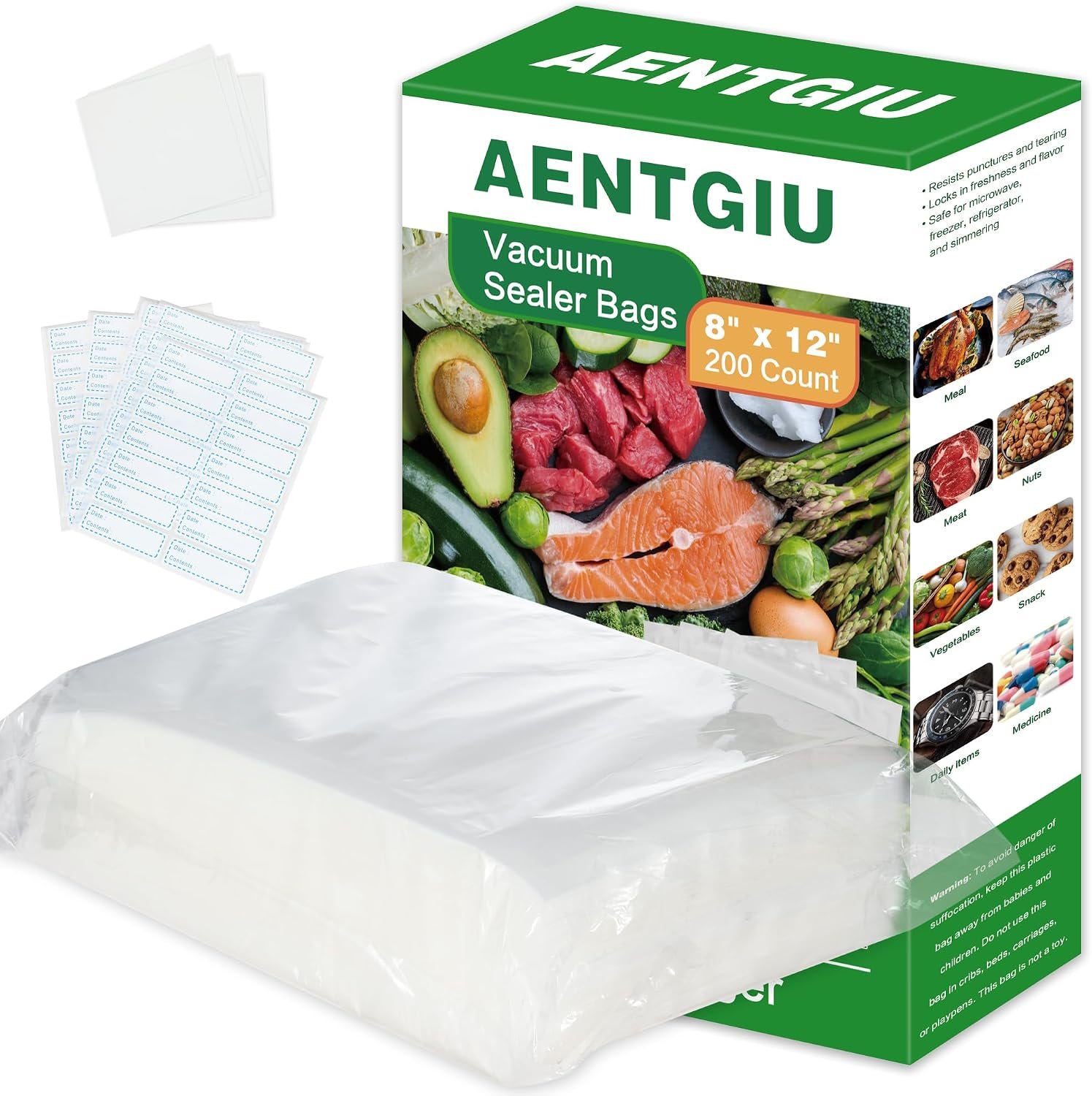 AENTGIU box of 200 pre-cut 8 by 12 inch vacuum sealer bags with labels
