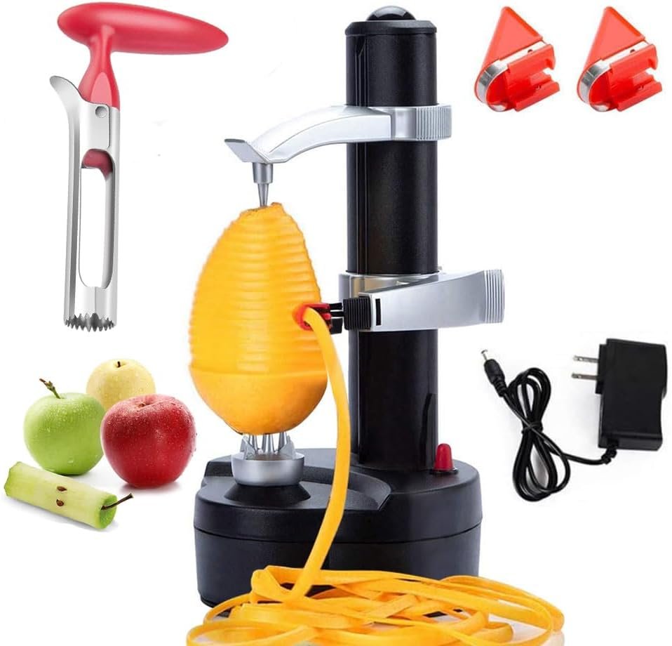 Black AIHANCH electric peeler peeling a mango next to an apple corer and adapter