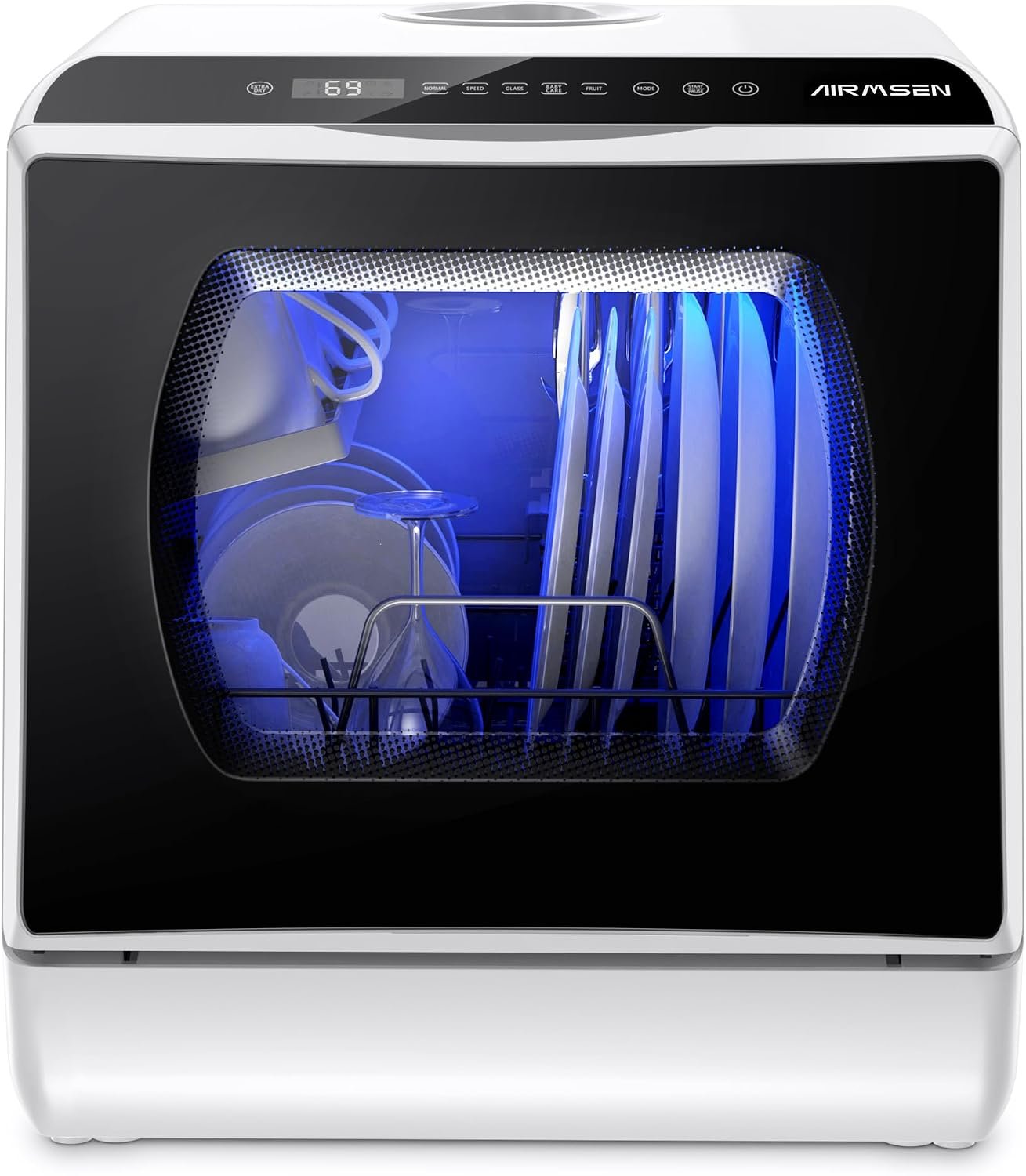 AIRMSEN white and black portable countertop dishwasher with a glass door