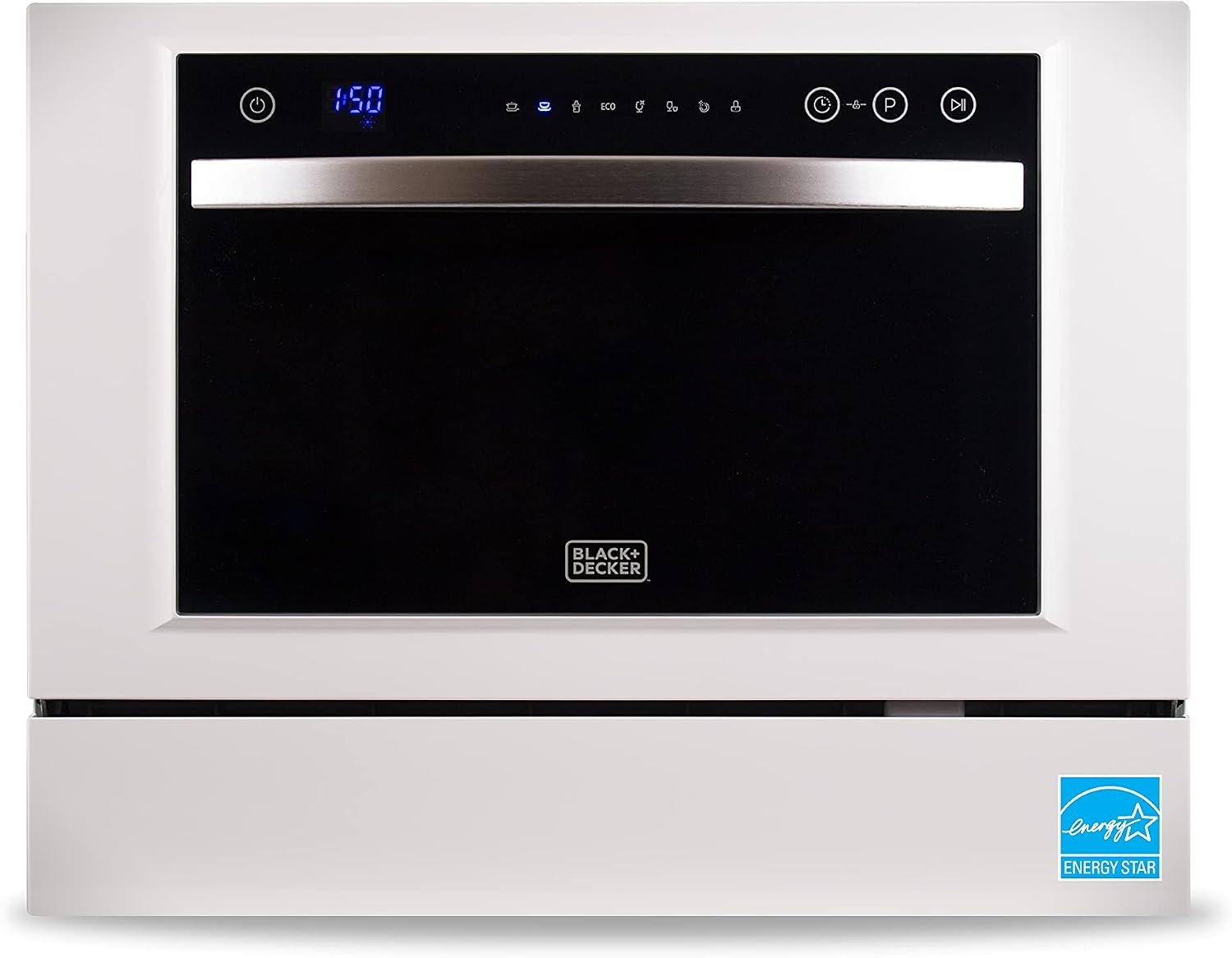 BLACK+DECKER white compact countertop dishwasher with stainless steel interior