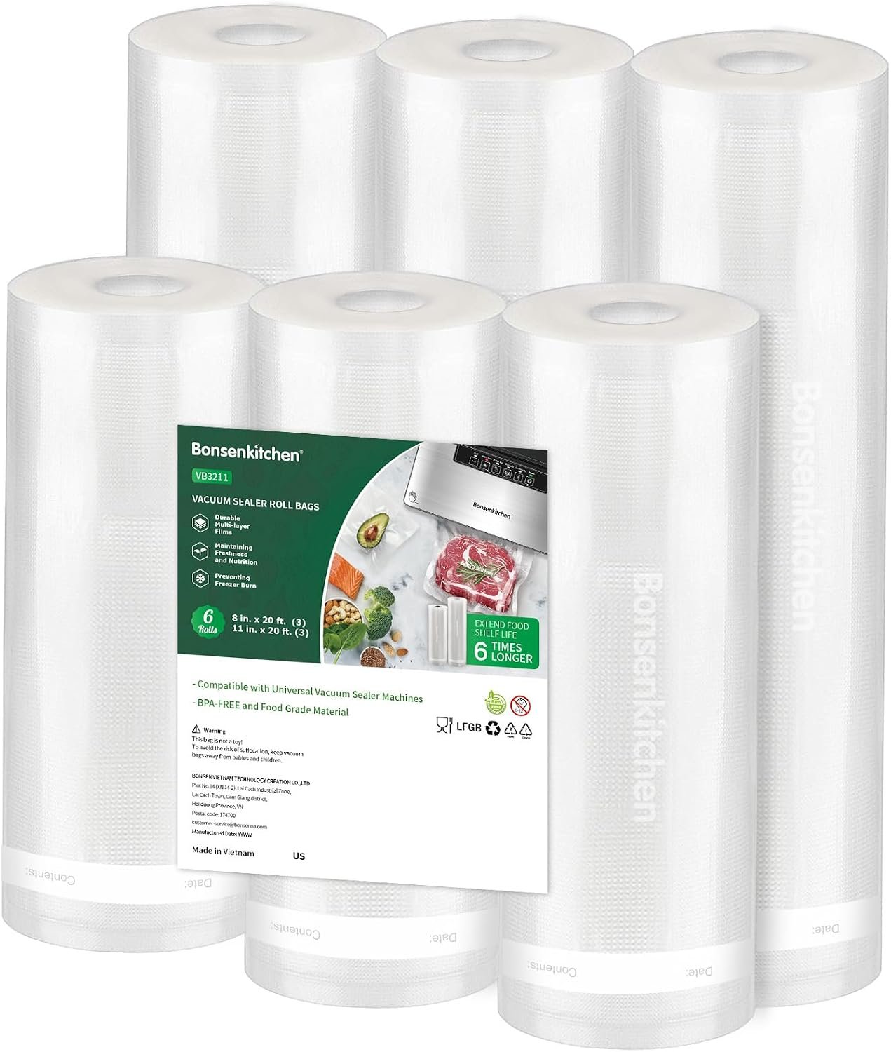 Bonsenkitchen six pack of 8 inch and 11 inch vacuum sealer rolls