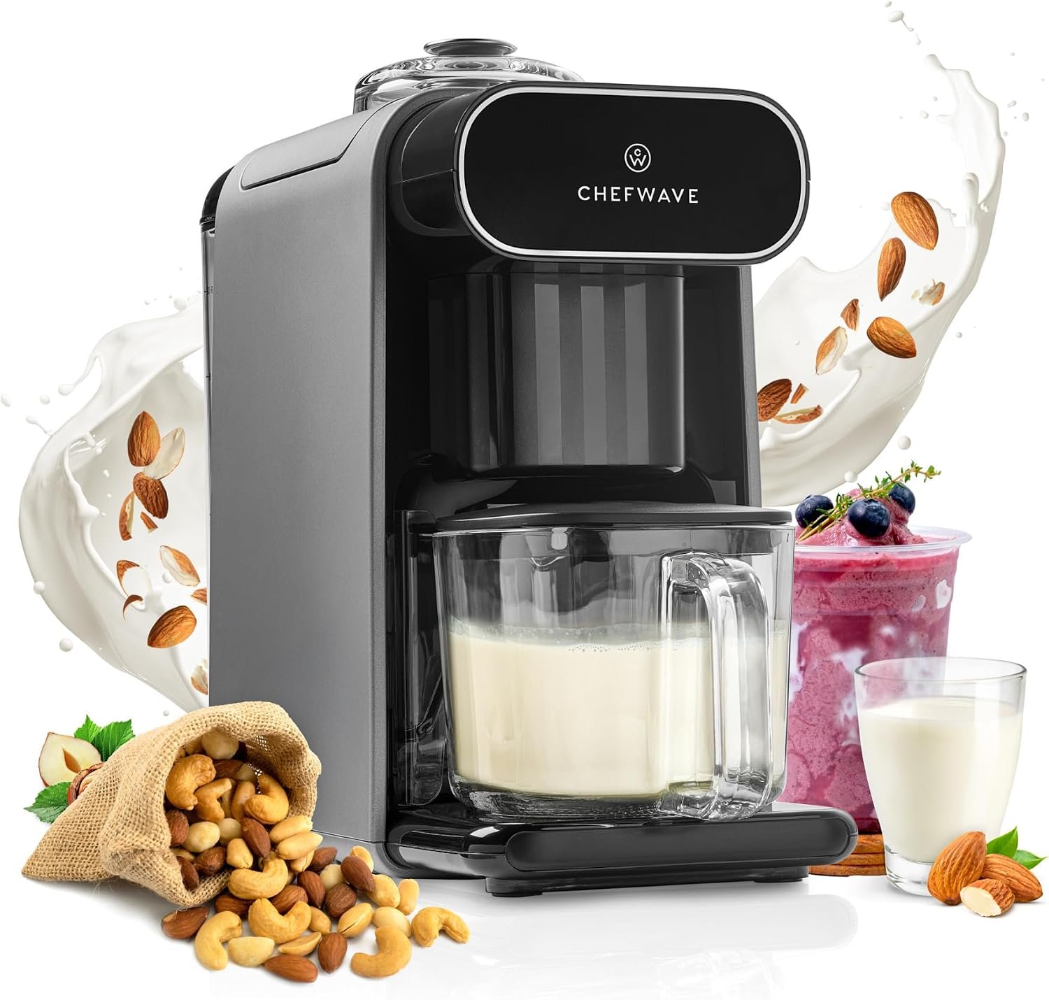 ChefWave Milkmade silver and black plant based milk maker with a pitcher