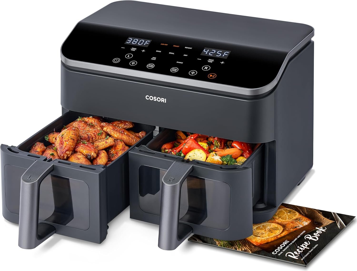 COSORI 9 quart dual basket air fryer with two 4.5 quart baskets and touch controls