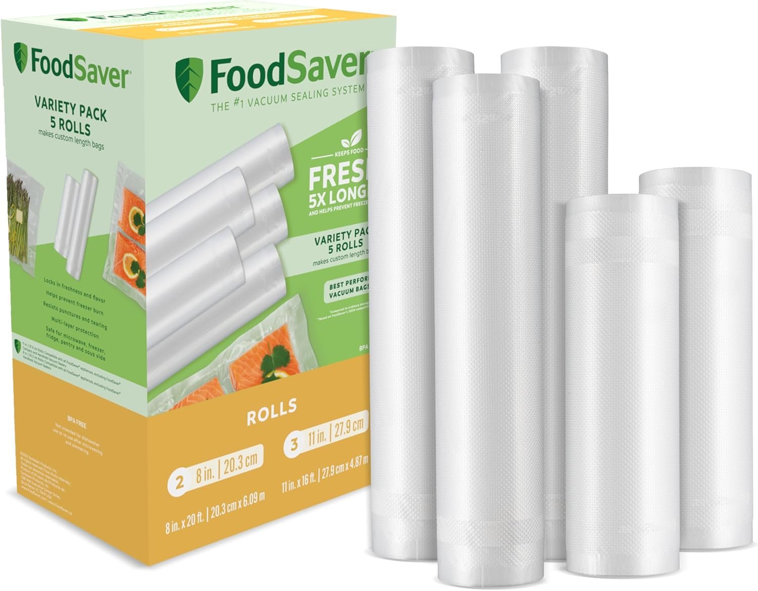 FoodSaver custom length vacuum seal rolls multipack in 8 inch and 11 inch widths