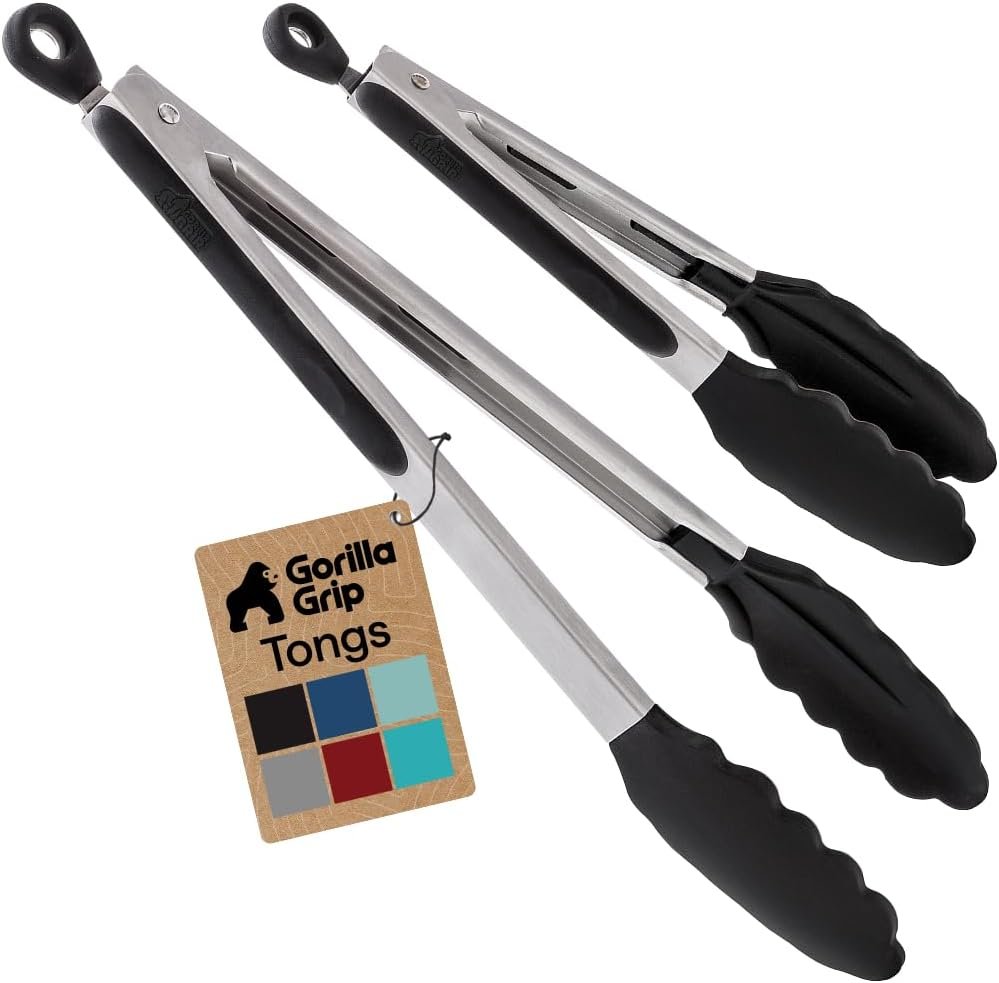 Stainless steel kitchen tongs with black silicone gripping tips, shown open and closed