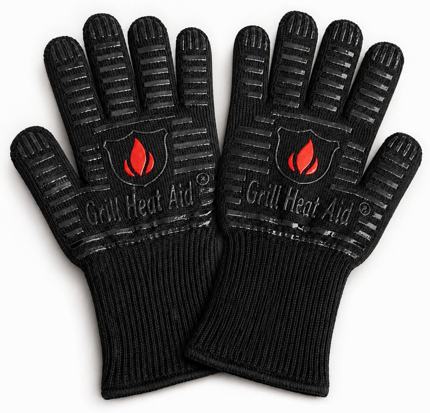 Pair of black Grill Heat Aid heat-resistant grill gloves