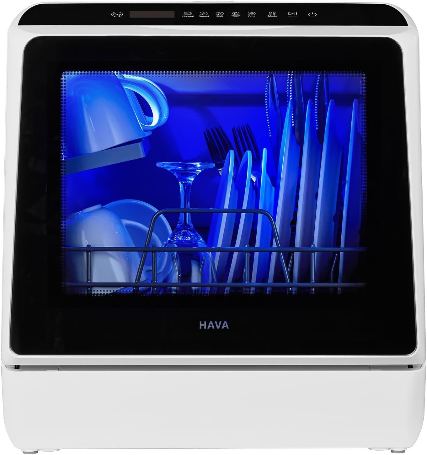 HAVA white countertop dishwasher with a water tank and glass door