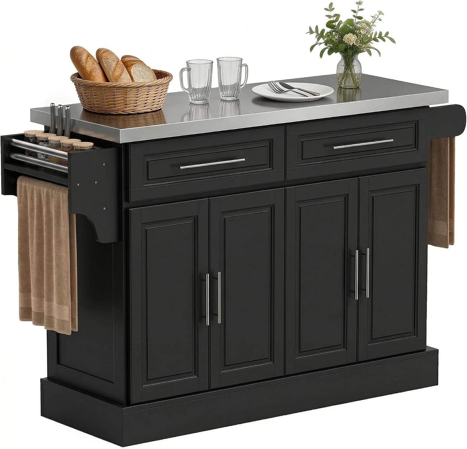 Rolling kitchen island cart with a stainless steel top, open shelving and lockable castors