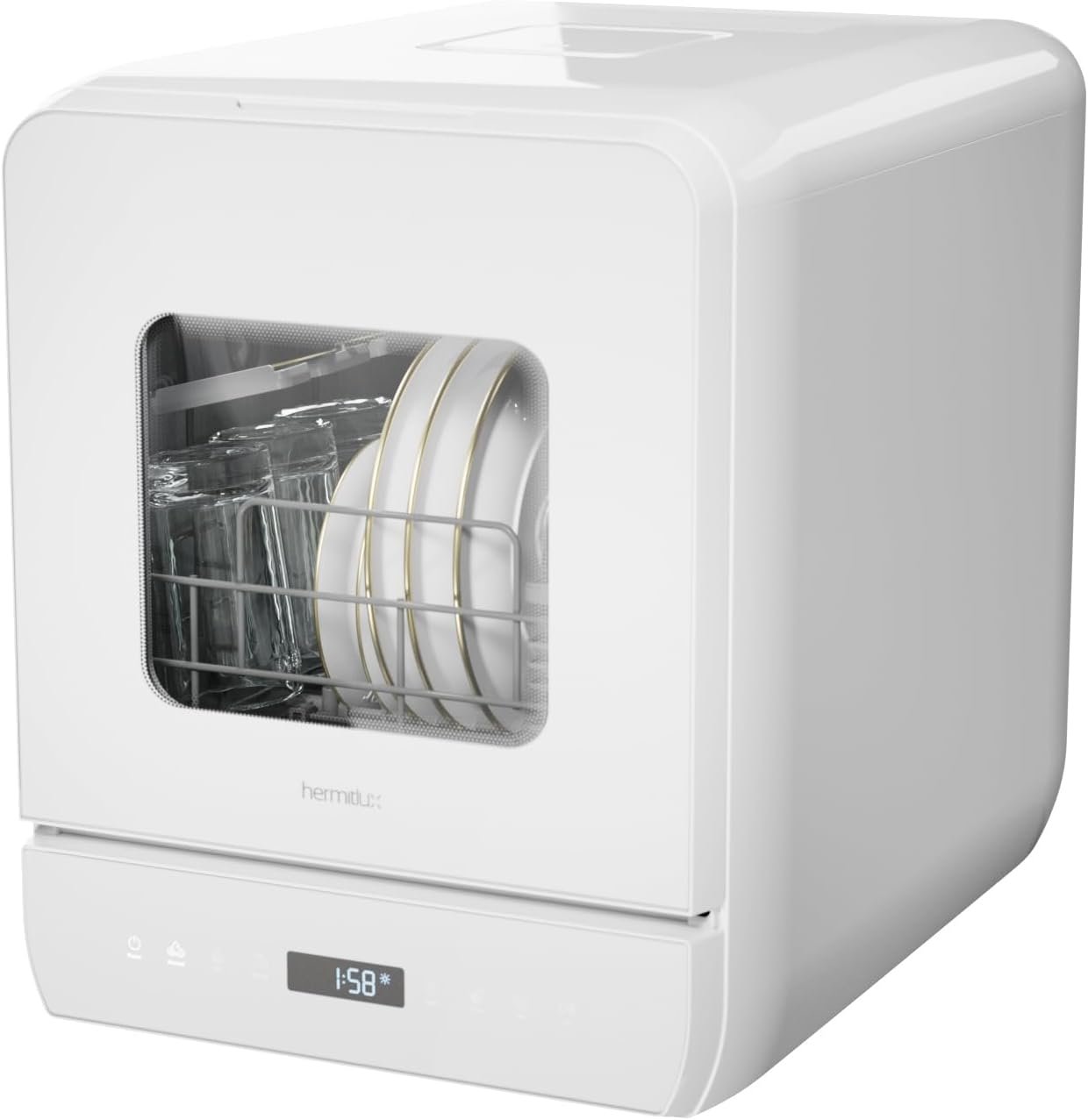 Hermitlux slim white countertop dishwasher with a glass door and LED light