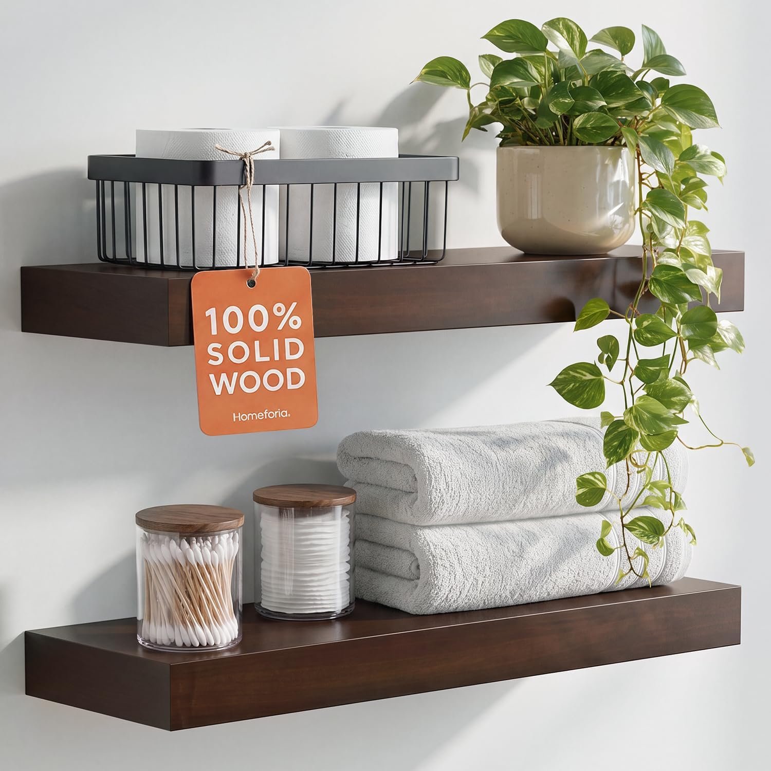 Pair of wooden floating wall shelves with concealed mounting brackets