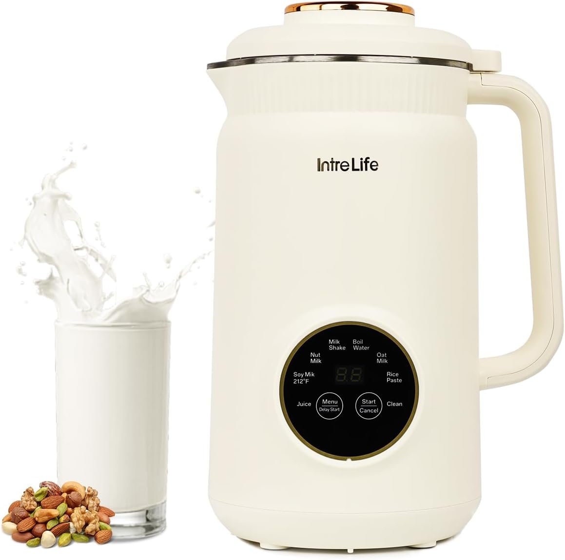 IntreLife cream colored 34 ounce nut milk maker machine with a nut milk bag