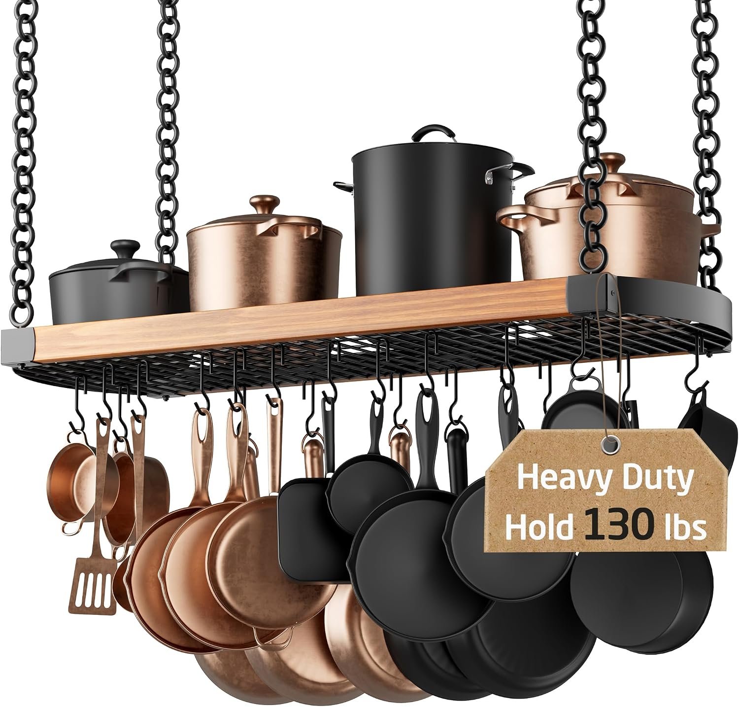 Large black ceiling mounted hanging pot rack with S-hooks for pans