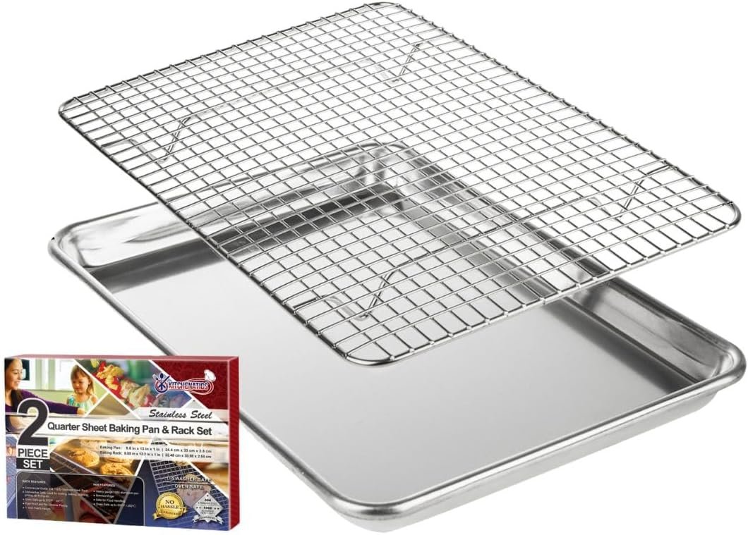 Kitchenatics aluminum baking sheet with a stainless steel wire rack set inside