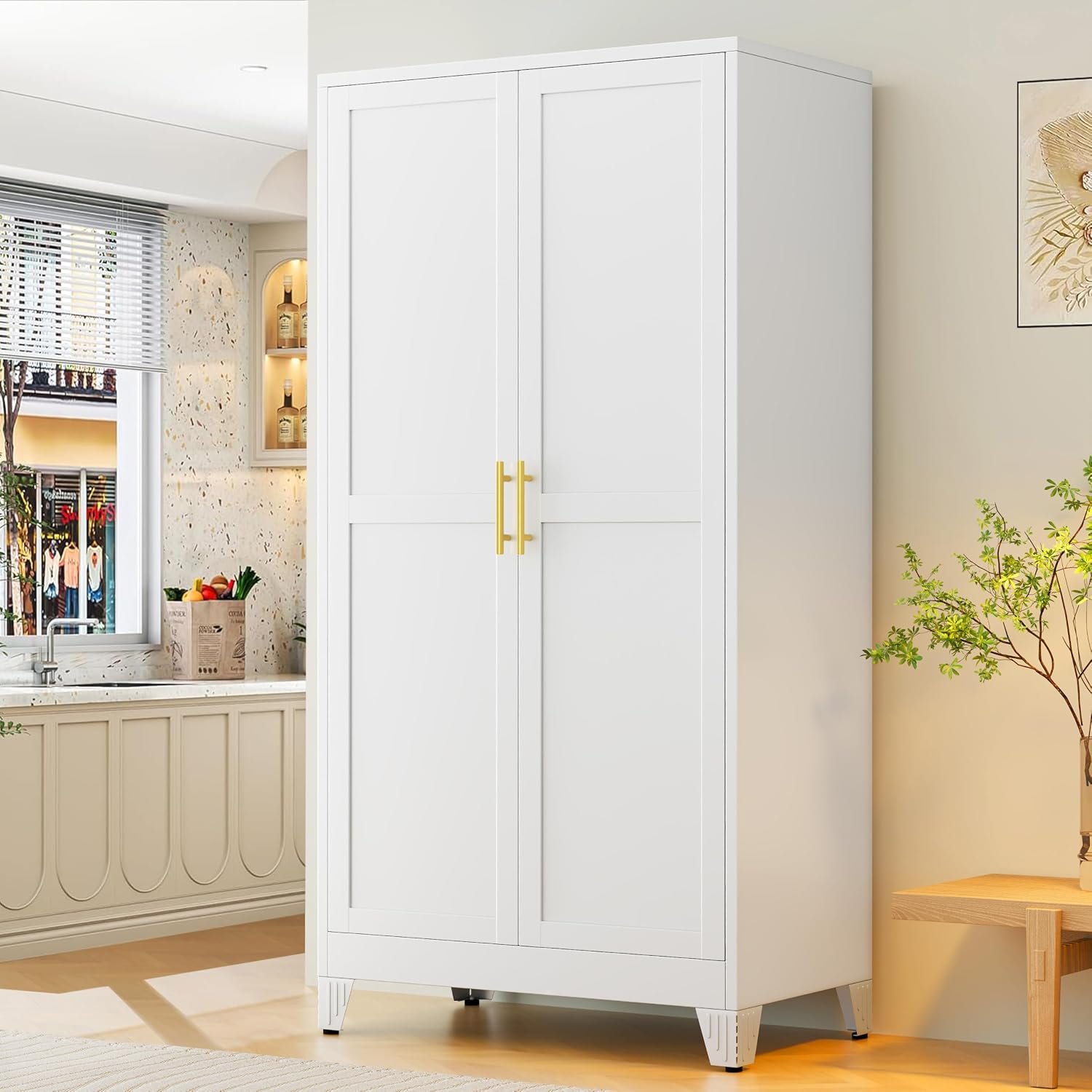 Tall freestanding kitchen pantry cabinet with doors and adjustable interior shelves