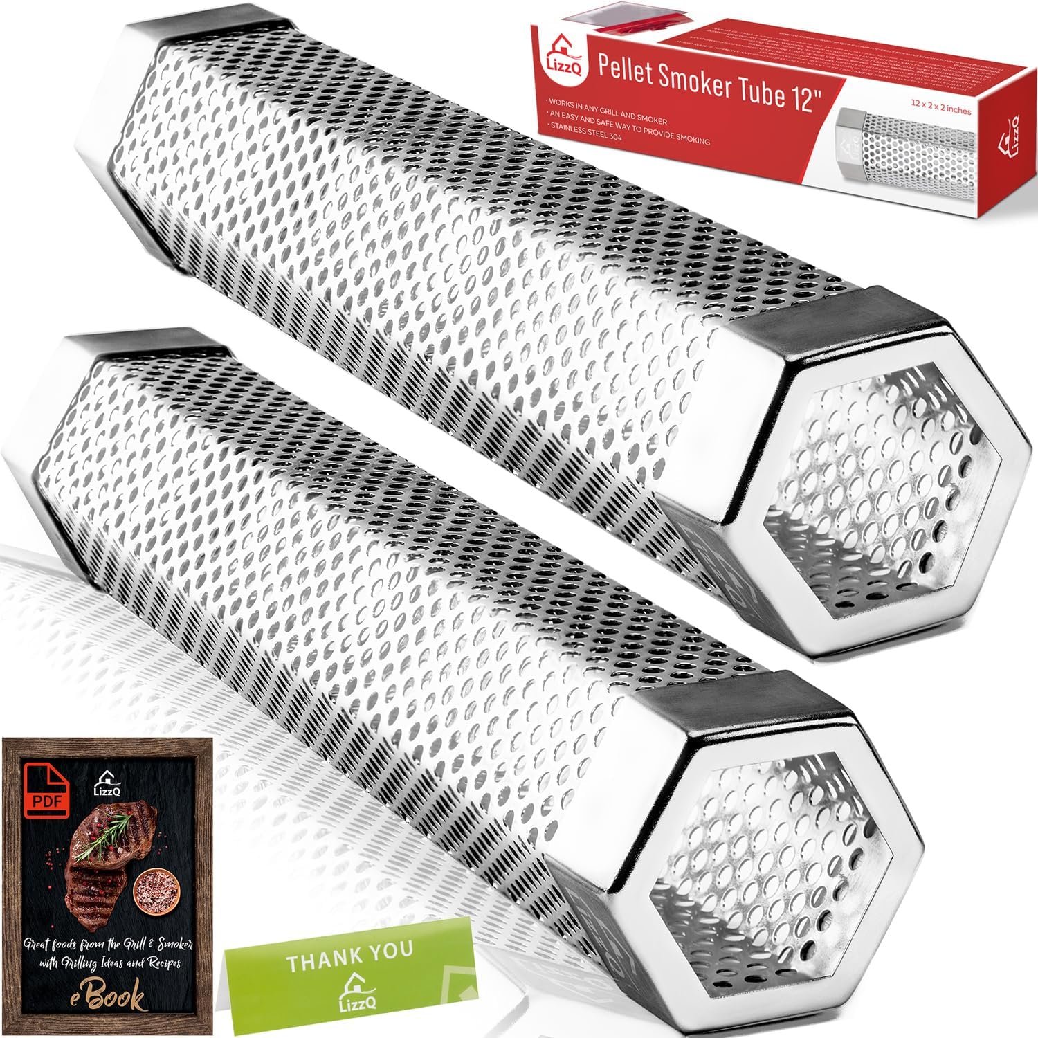 Two LIZZQ hexagon stainless steel pellet smoker tubes