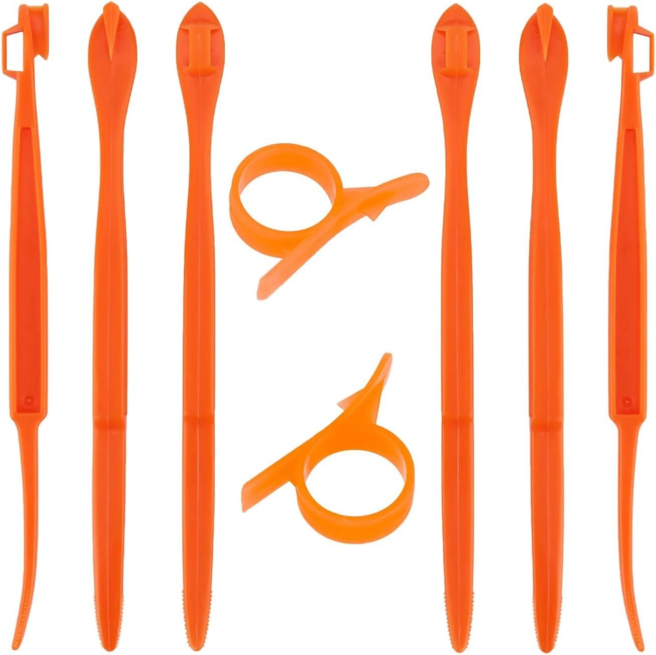Six orange LUTER orange peeler sticks and two orange ring peelers