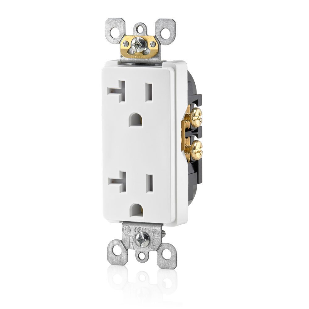 White 20 amp tamper resistant duplex electrical wall outlet with internal shutters