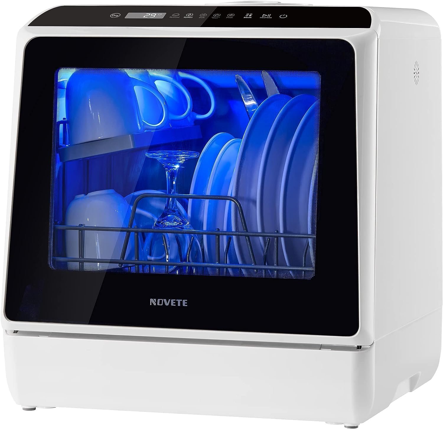 NOVETE white portable countertop dishwasher with a glass door