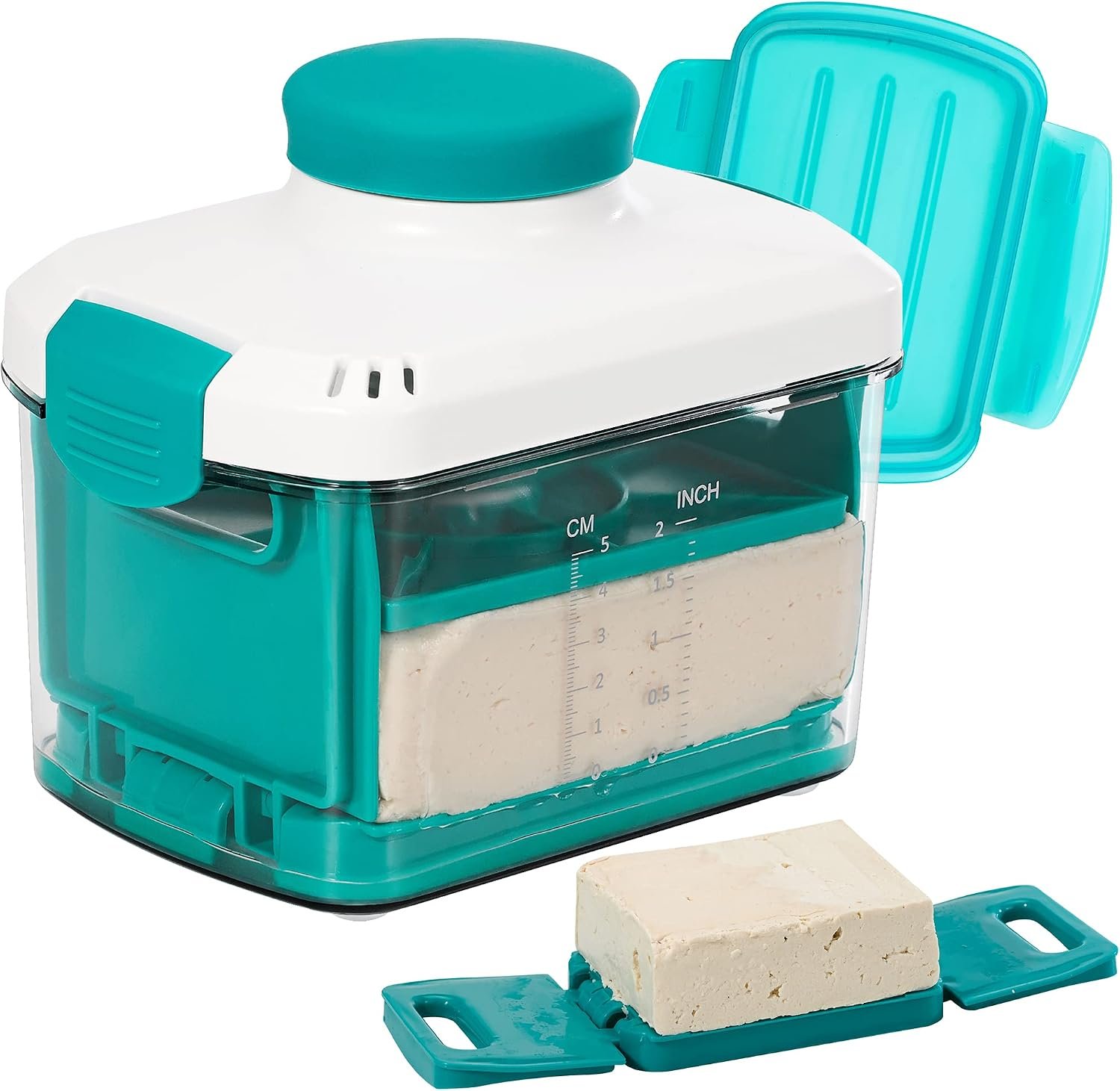 NOYA clear adjustable tofu press with a central twist dial and drip tray