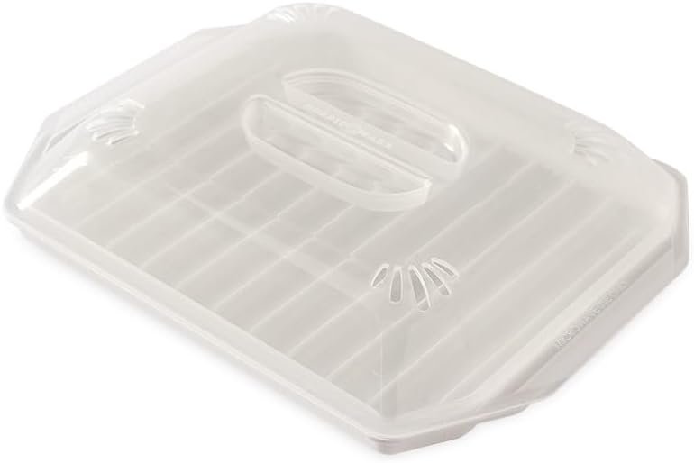 Nordic Ware white microwave bacon rack with a ribbed tray and clear splatter lid