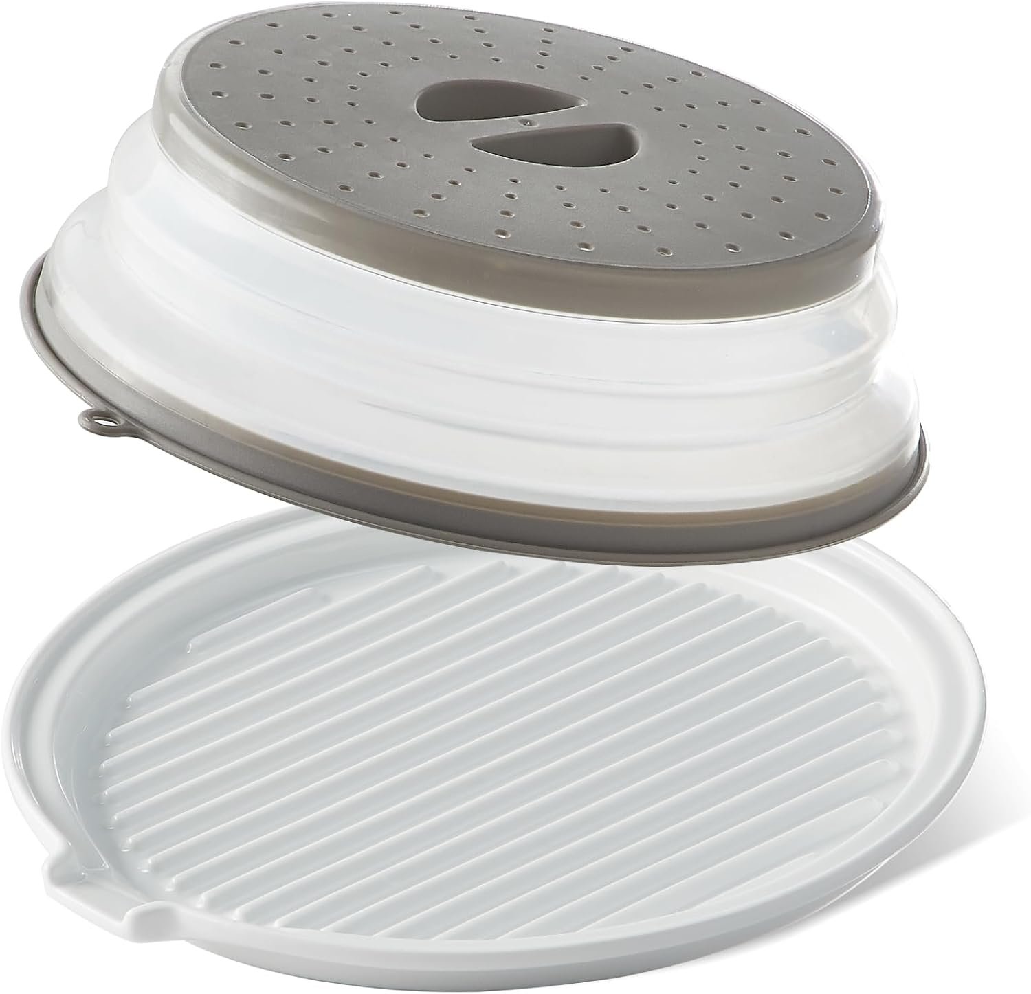 ONEMORE white ceramic round bacon tray with raised ridges and a collapsible gray lid
