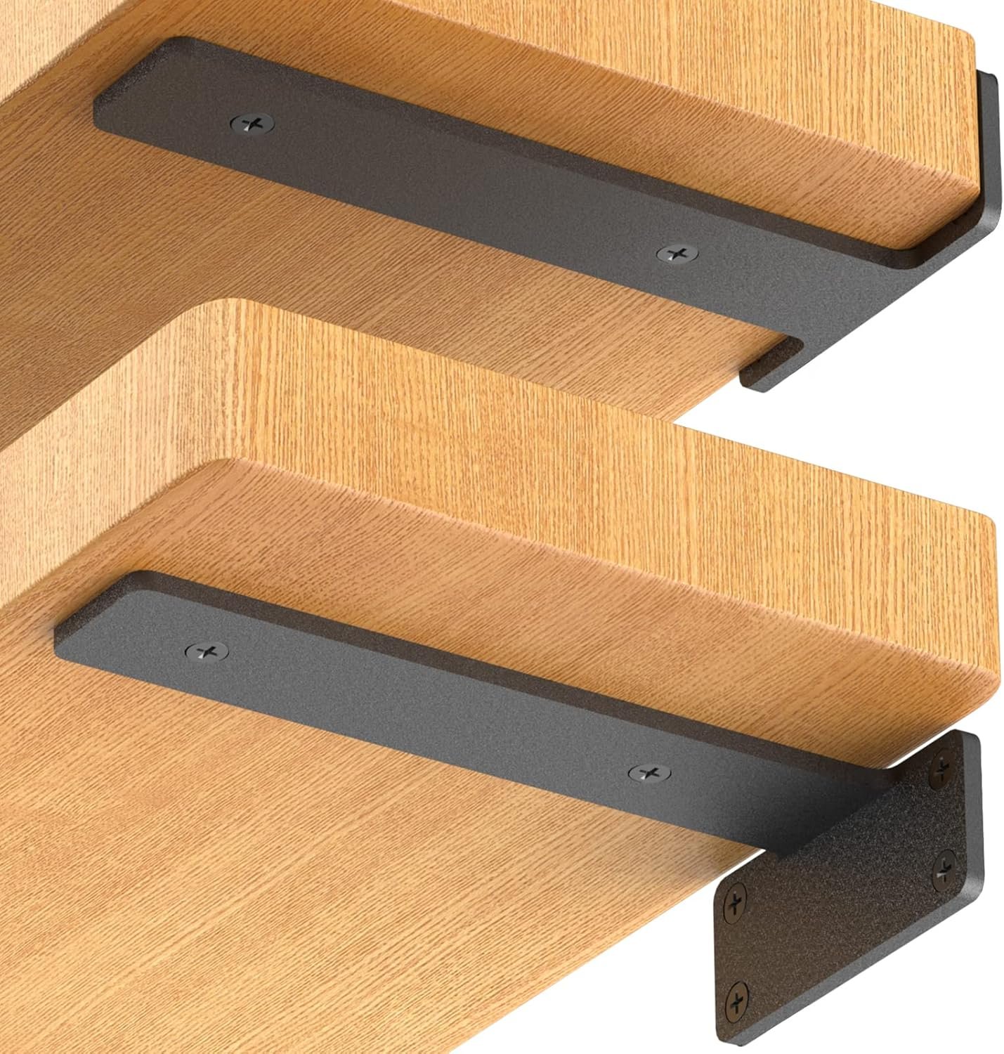 Set of black industrial floating shelf brackets with mounting hardware