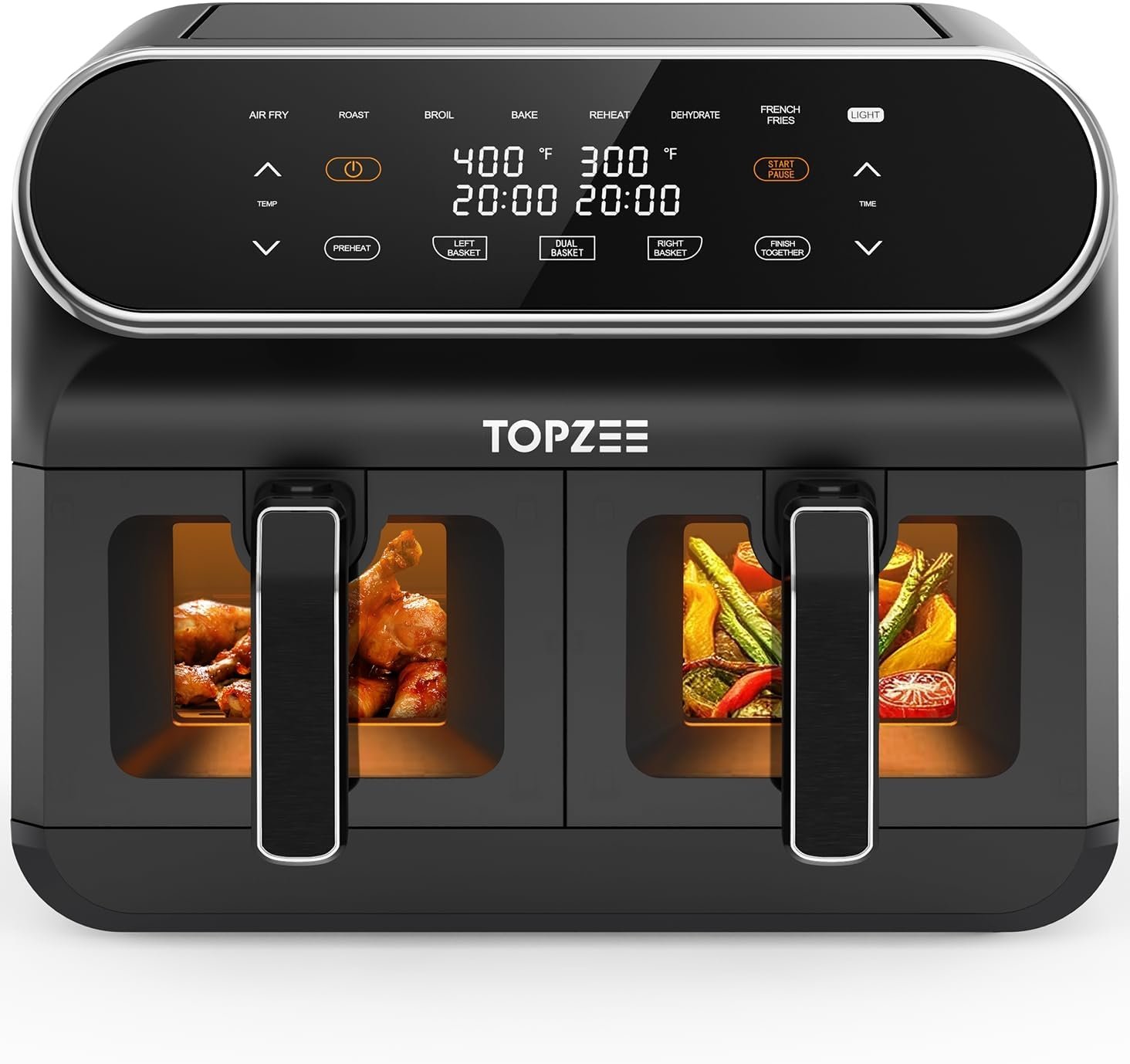 TOPZEE 8 quart black dual basket air fryer with viewing windows in both baskets