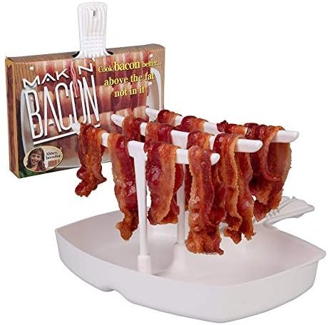 Makin Bacon microwave bacon dish with strips hanging over T shaped bars
