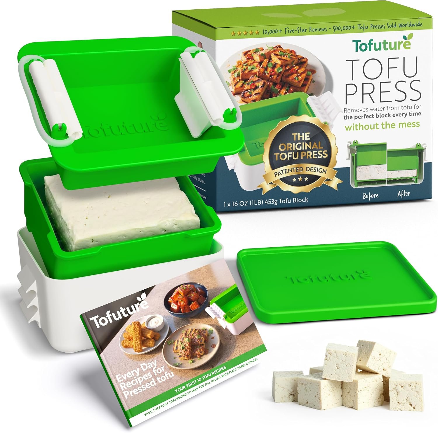 Tofuture tofu press with an inner drainer and silicone pressure bands