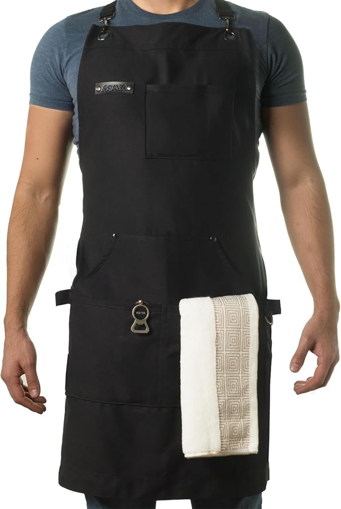 Asaya canvas BBQ apron with cross-back straps and pockets