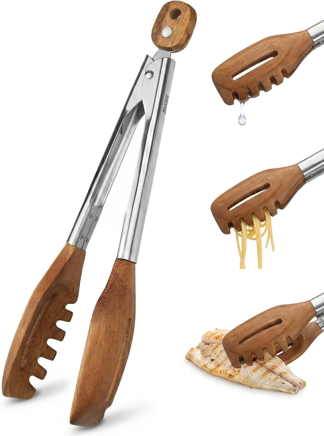 Boxiki Kitchen 12 inch walnut wood 3-in-1 tongs with slotted forked tip and flat tip for pasta and serving