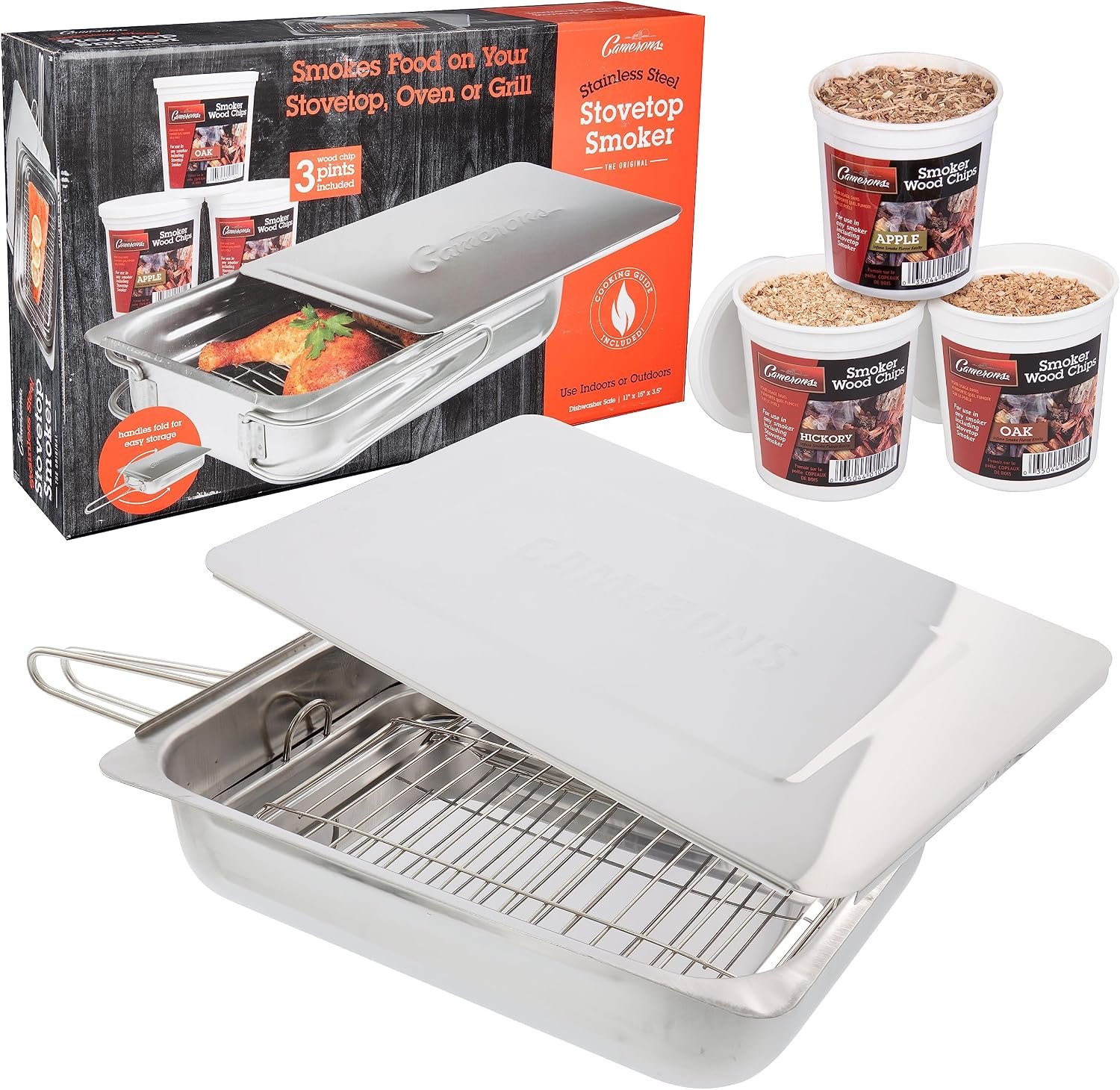 Camerons stainless steel stovetop smoker with lid and rack