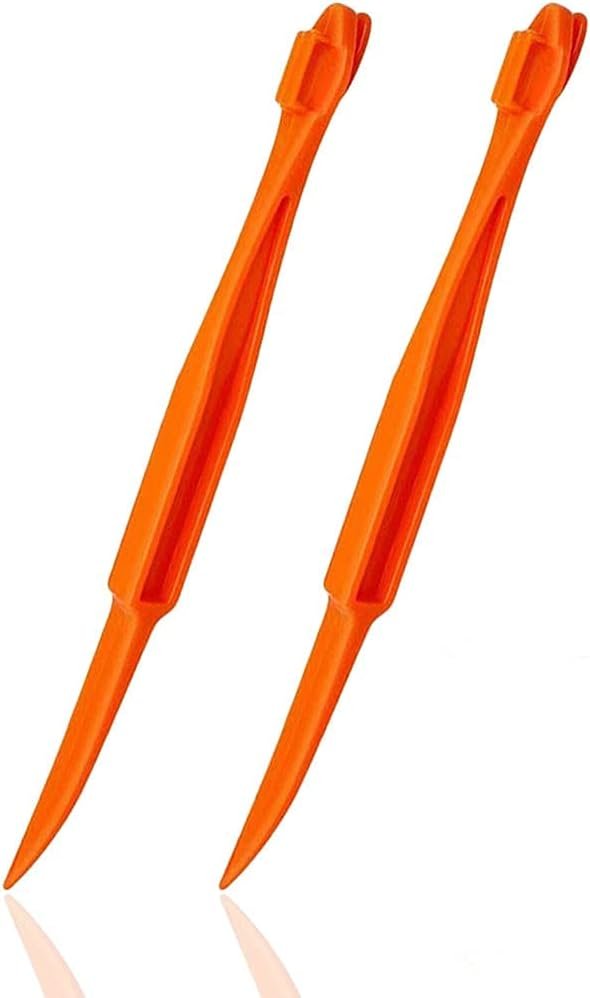 Two orange plastic Cosmer orange peeler sticks with hooked scoring tips
