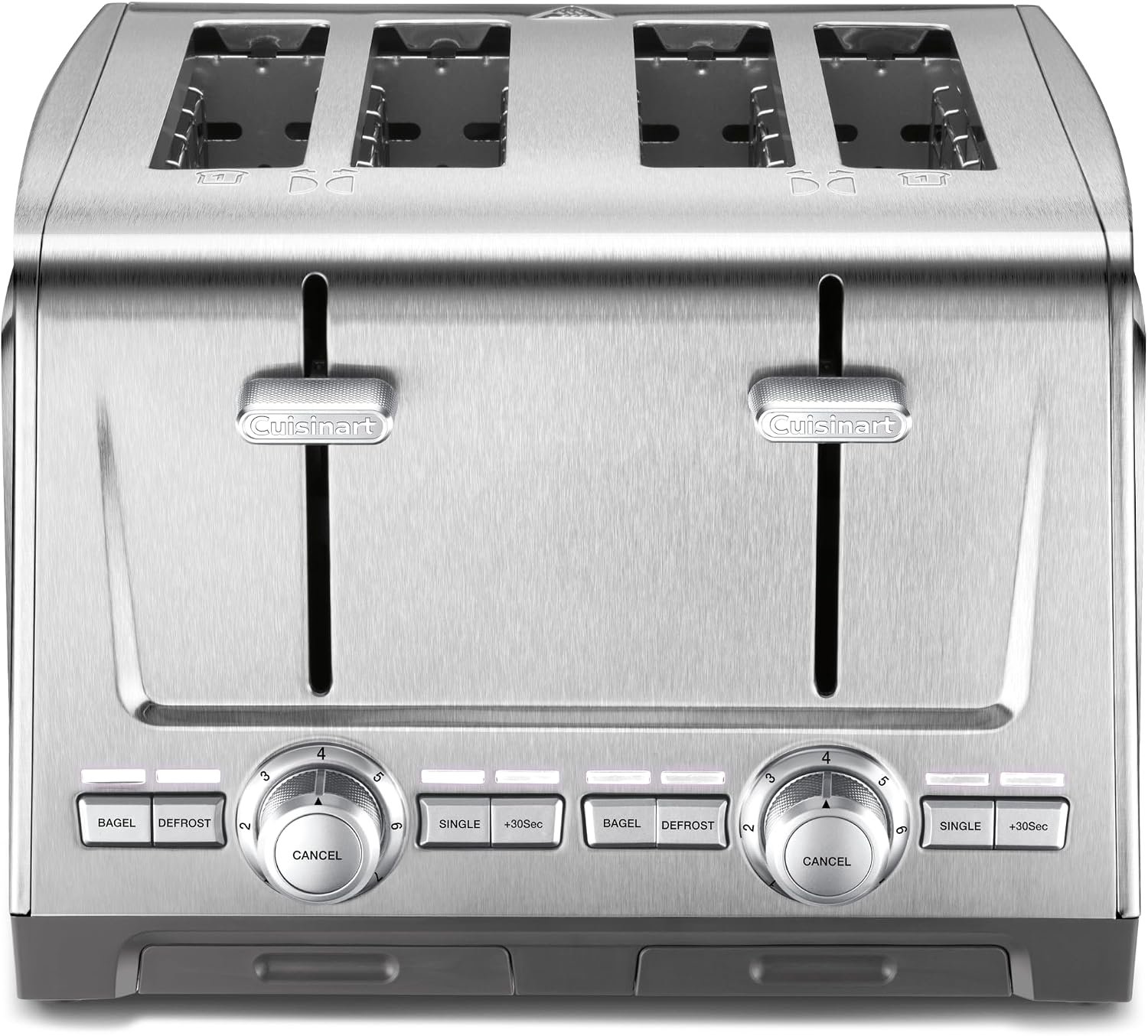 Stainless steel four slice toaster with extra wide self centring slots and a high lift lever