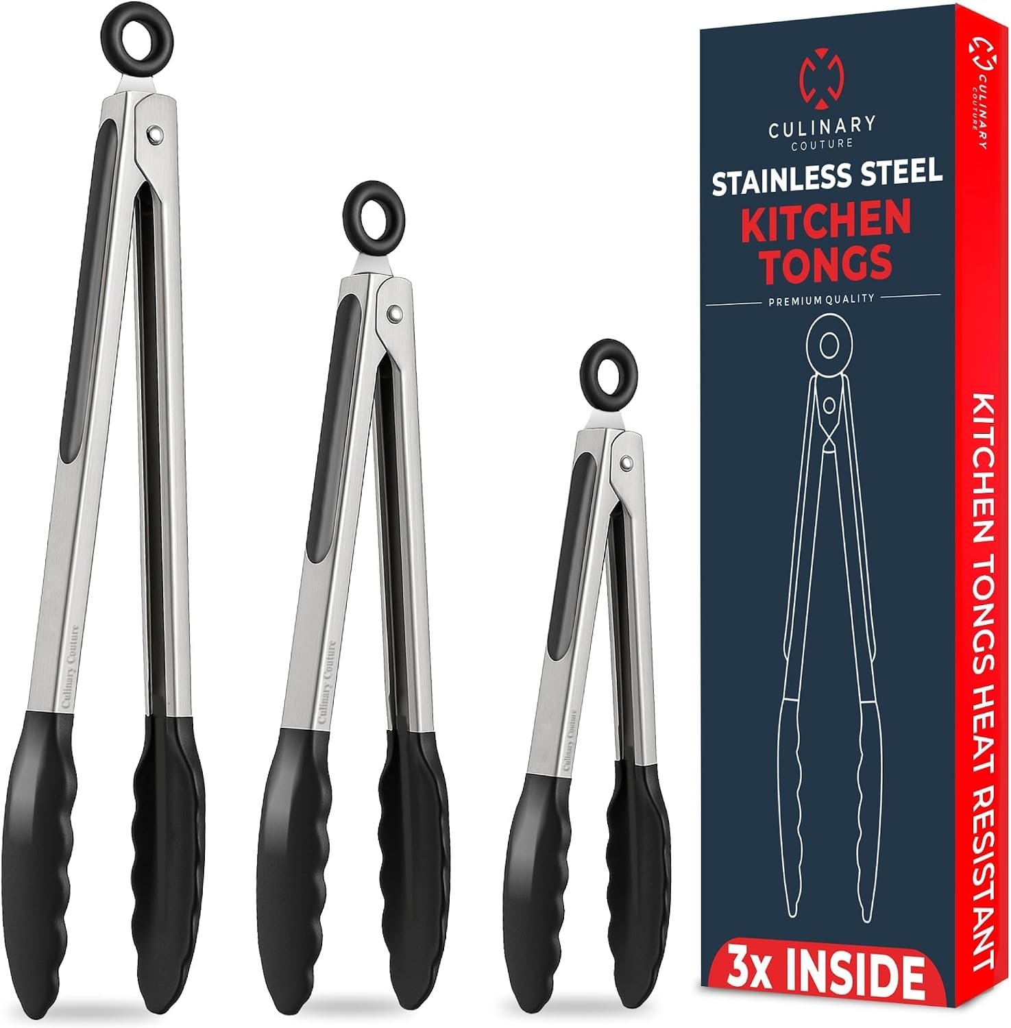 Culinary Couture set of three black silicone tipped kitchen tongs in 7, 9 and 12 inch sizes