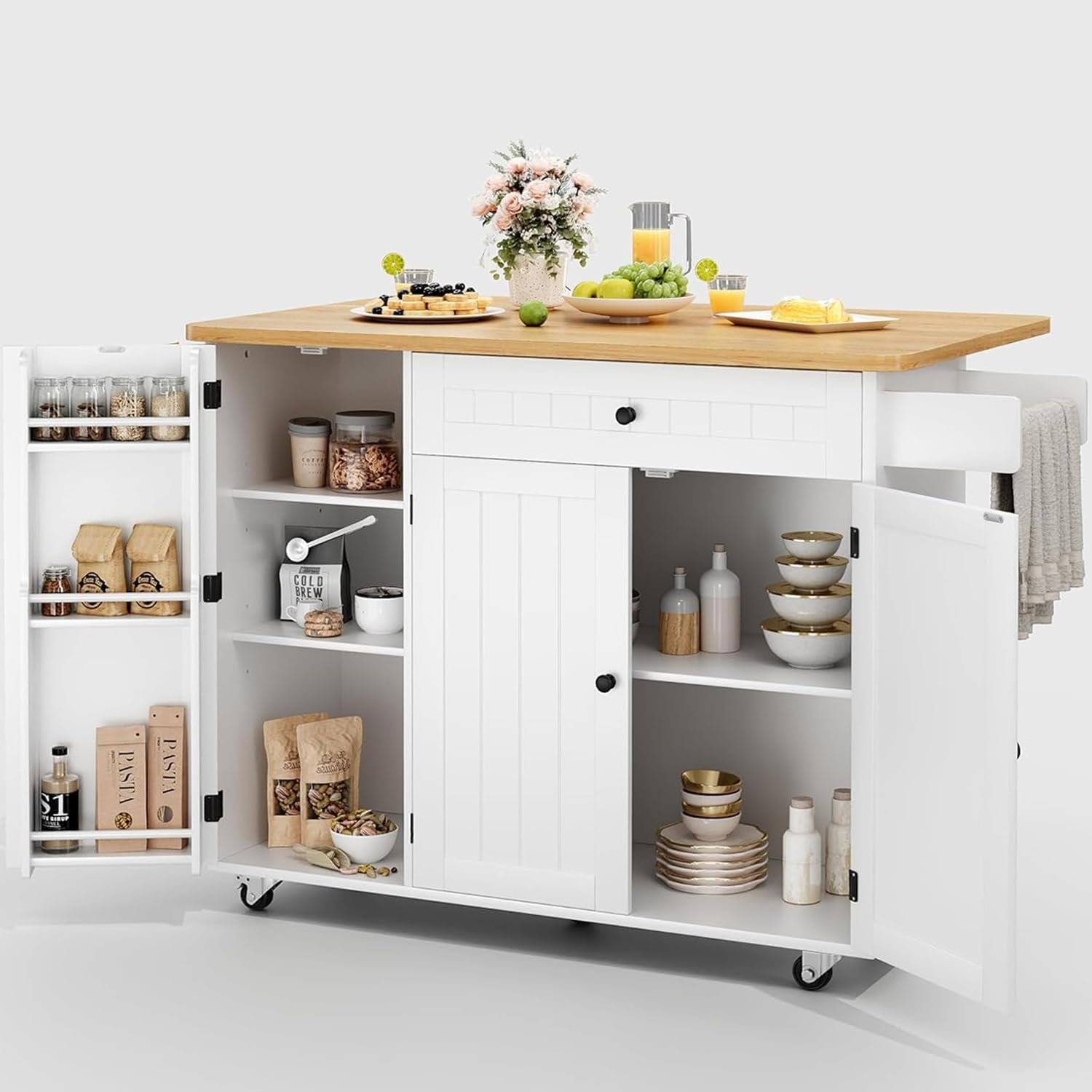 GRUSIGN white rolling kitchen island with drop leaf, cabinets and drawer