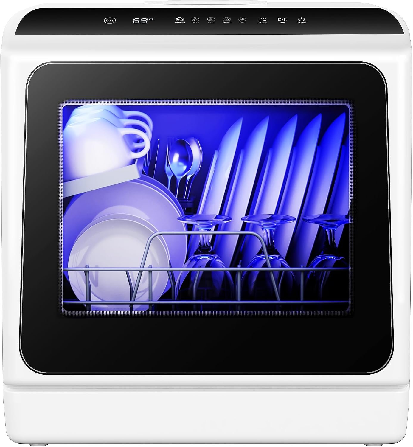 EUHOMY black and white countertop dishwasher with a glass door