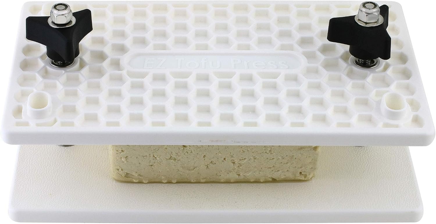 EZ Tofu Press with two plastic plates and adjustment knobs