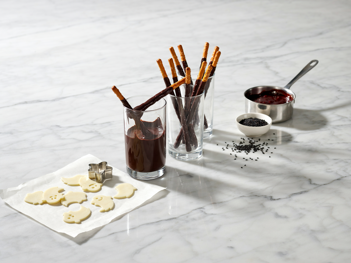 Making midnight chocolate pretzel rods: a pretzel rod being lifted from a tall glass of glossy black melted chocolate, finished rods standing upright in a second glass, a small bowl of black sesame seeds, a saucepan of deep red pomegranate sauce and cut-out cheese ghosts on parchment on a marble counter