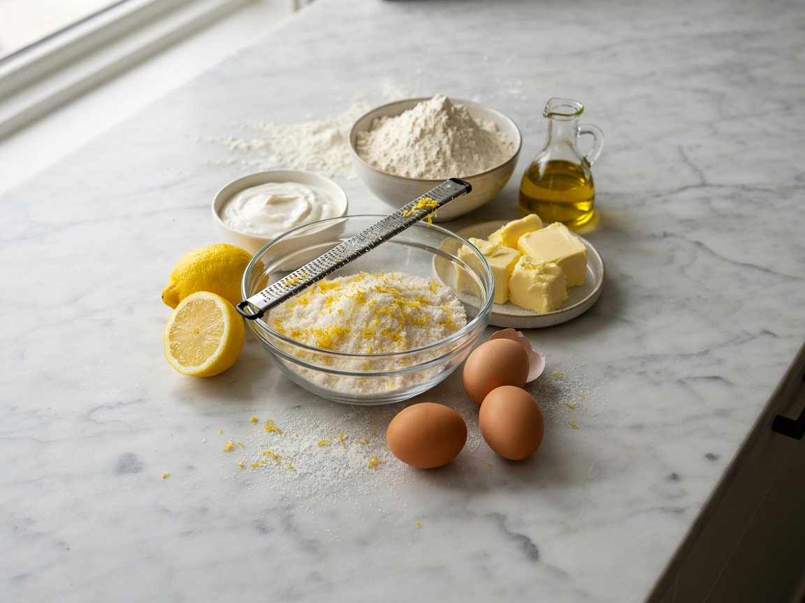 Making sugar free lemon cake: a glass bowl of granulated sweetener rubbed with bright lemon zest, a microplane and three zested lemons beside it, a bowl of Greek yogurt, softened butter and eggs on a marble counter