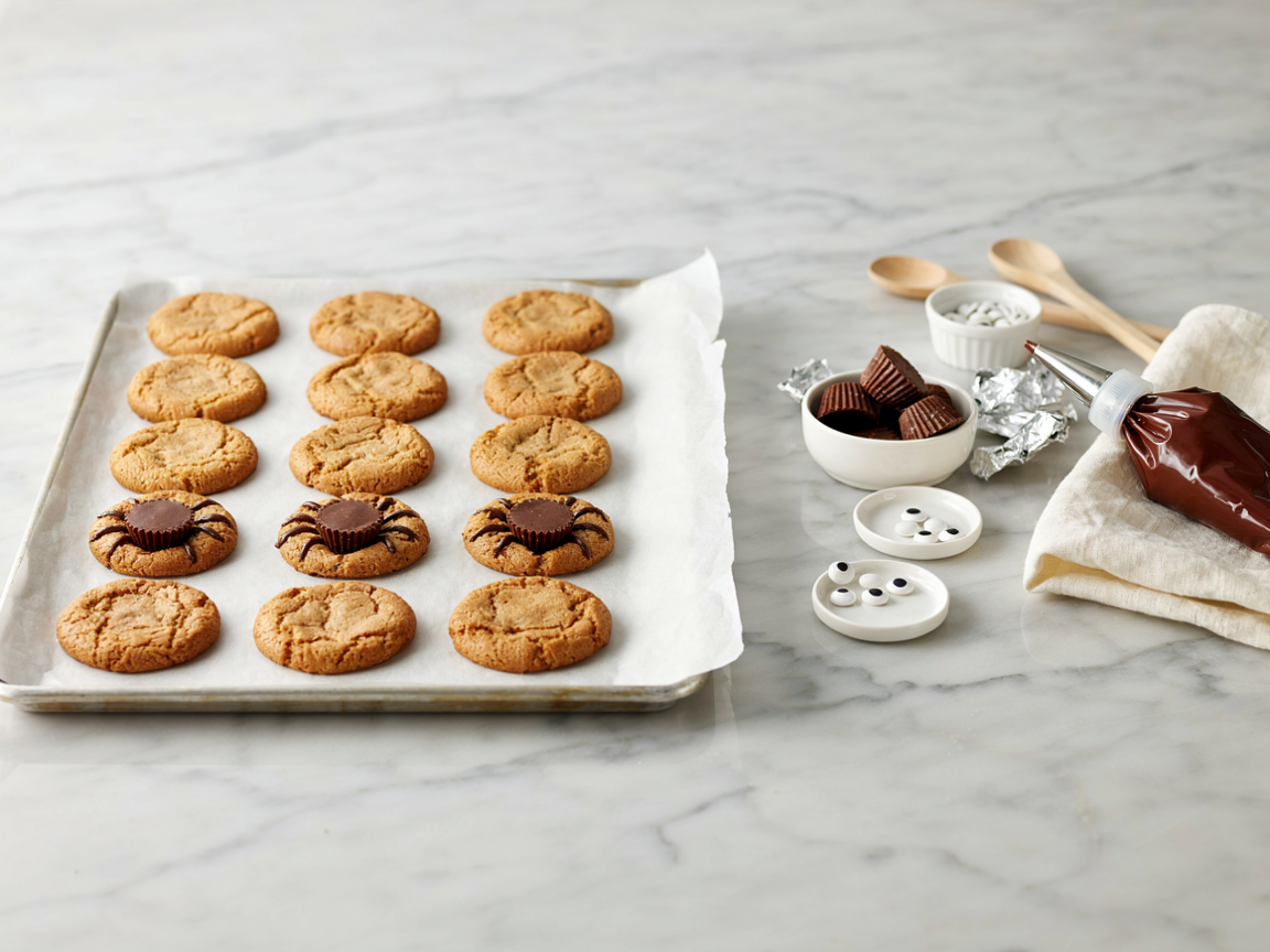 Freshly baked peanut butter cookies on a parchment-lined baking sheet with mini peanut butter cups pressed into some of them, a bowl of cups and a piping bag of chocolate beside the tray
