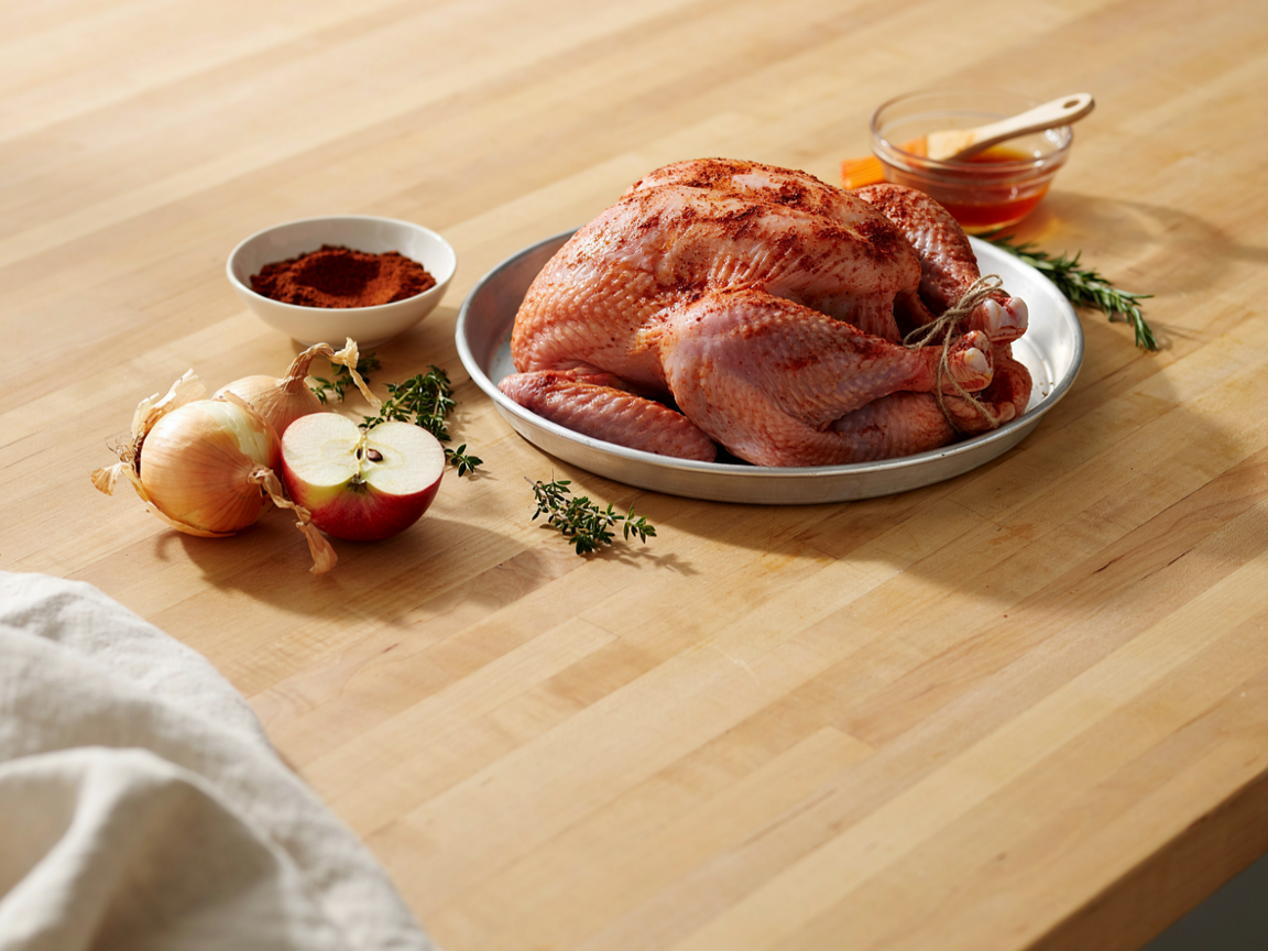 Preparing a turkey for the smoker: a raw whole turkey on a sheet pan coated in a deep red-orange maple BBQ rub, a bowl of the rub, a small bowl of maple and oil binder with a brush, a quartered onion and apple and sprigs of thyme and rosemary beside it on a butcher block counter