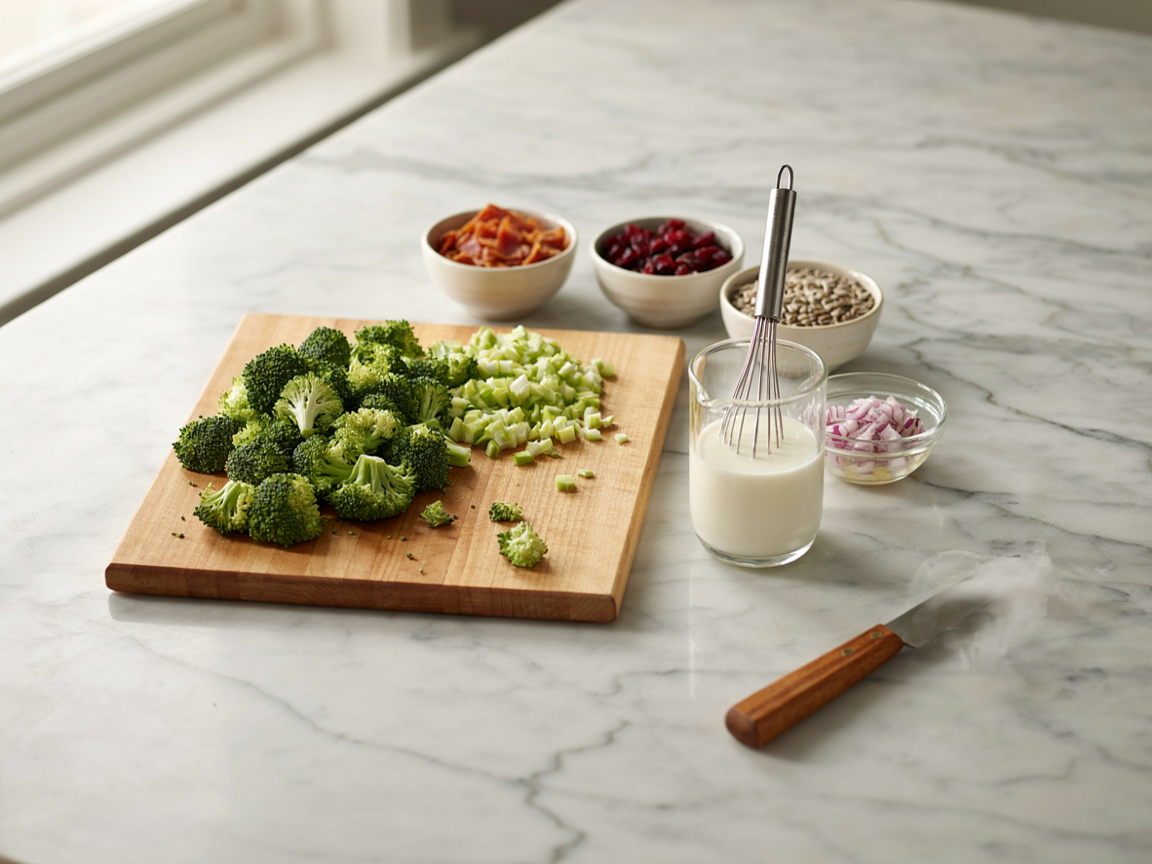 Broccoli salad prep: small broccoli florets and diced stems on a cutting board, a bowl of diced red onion in vinegar and a bowl of creamy dressing with a whisk