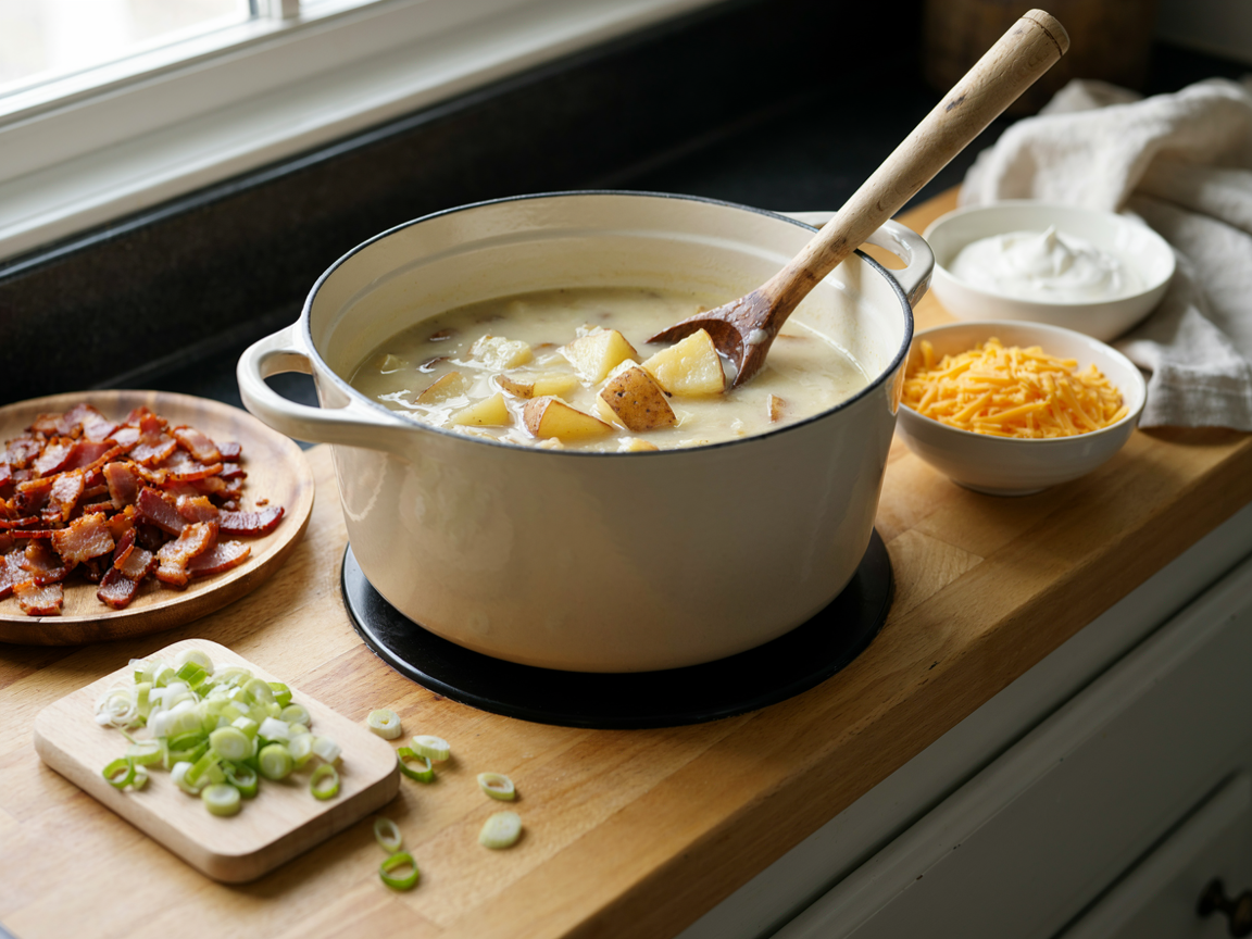 Making loaded baked potato soup: a Dutch oven of creamy pale soup with cubes of baked russet potato being pressed against the side of the pot with a wooden spoon, a bowl of shredded cheddar, a bowl of sour cream and a plate of crisp chopped bacon beside the stove