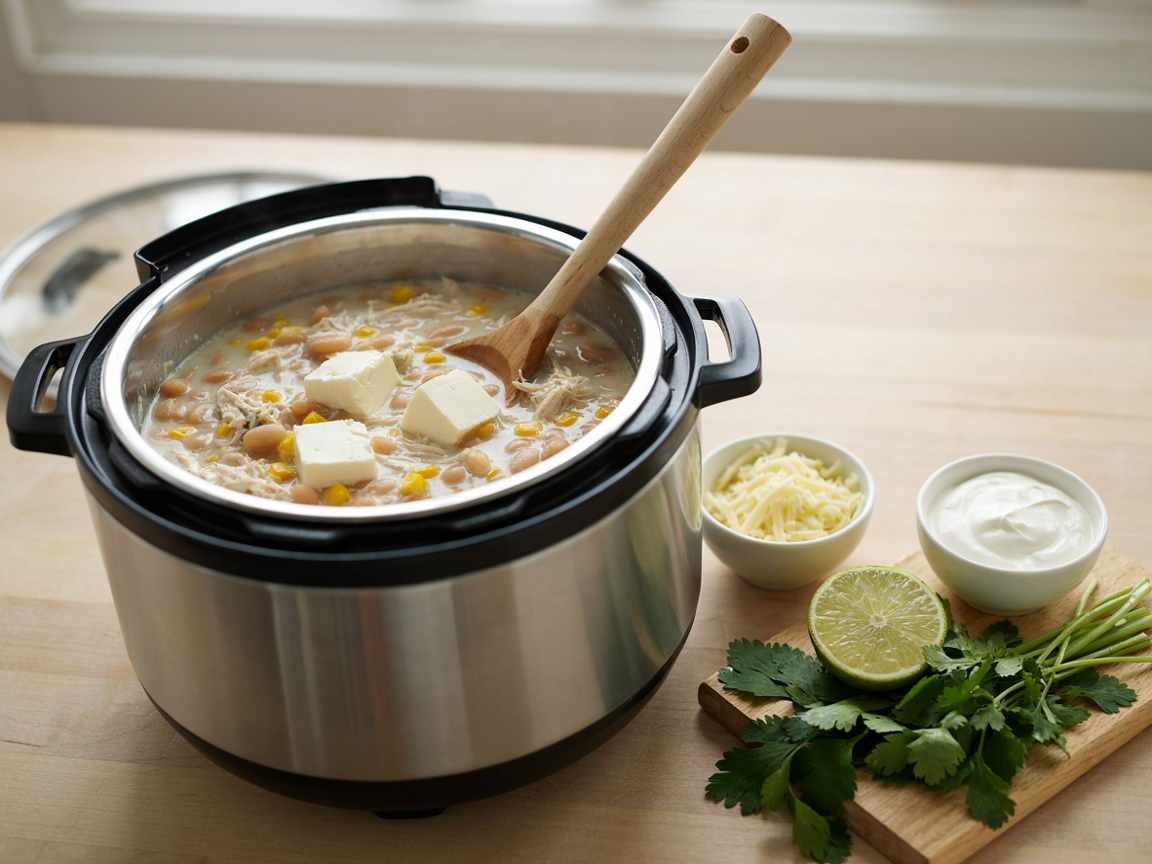 An electric pressure cooker with the lid off showing white chicken chili inside with shredded chicken, beans and corn, cubes of cream cheese on top and a ladle resting in it