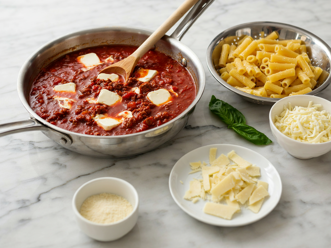 Making baked ziti without ricotta: a wide skillet of chunky beef and tomato sauce with cubes of cream cheese melting into it and a wooden spoon stirring, a pot of drained undercooked ziti, bowls of shredded mozzarella, torn provolone and grated parmesan on a marble counter