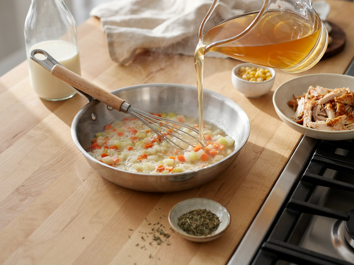 Making chicken pot pie filling: warm chicken broth being whisked into a skillet of butter roux with softened onion, carrots and celery, a bowl of shredded rotisserie chicken, frozen peas and corn and a jug of milk beside the stove
