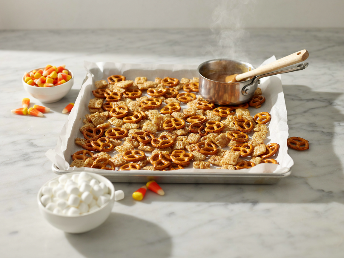 Caramel-coated cereal squares and pretzels spread on a parchment-lined baking sheet with a saucepan of caramel, a bowl of candy corn and a bowl of mini marshmallows