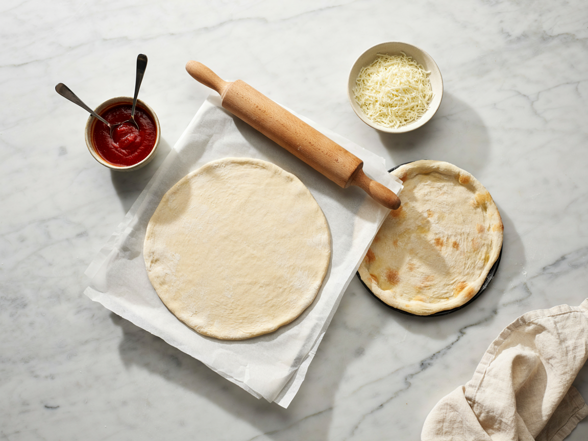Gluten-free pizza dough being rolled out between two sheets of parchment paper with a wooden rolling pin on a marble counter, the dough a 12-inch pale round with a slightly thicker rim, a second par-baked crust pale gold on a sheet pan beside it, a bowl of pizza sauce and a bowl of shredded mozzarella
